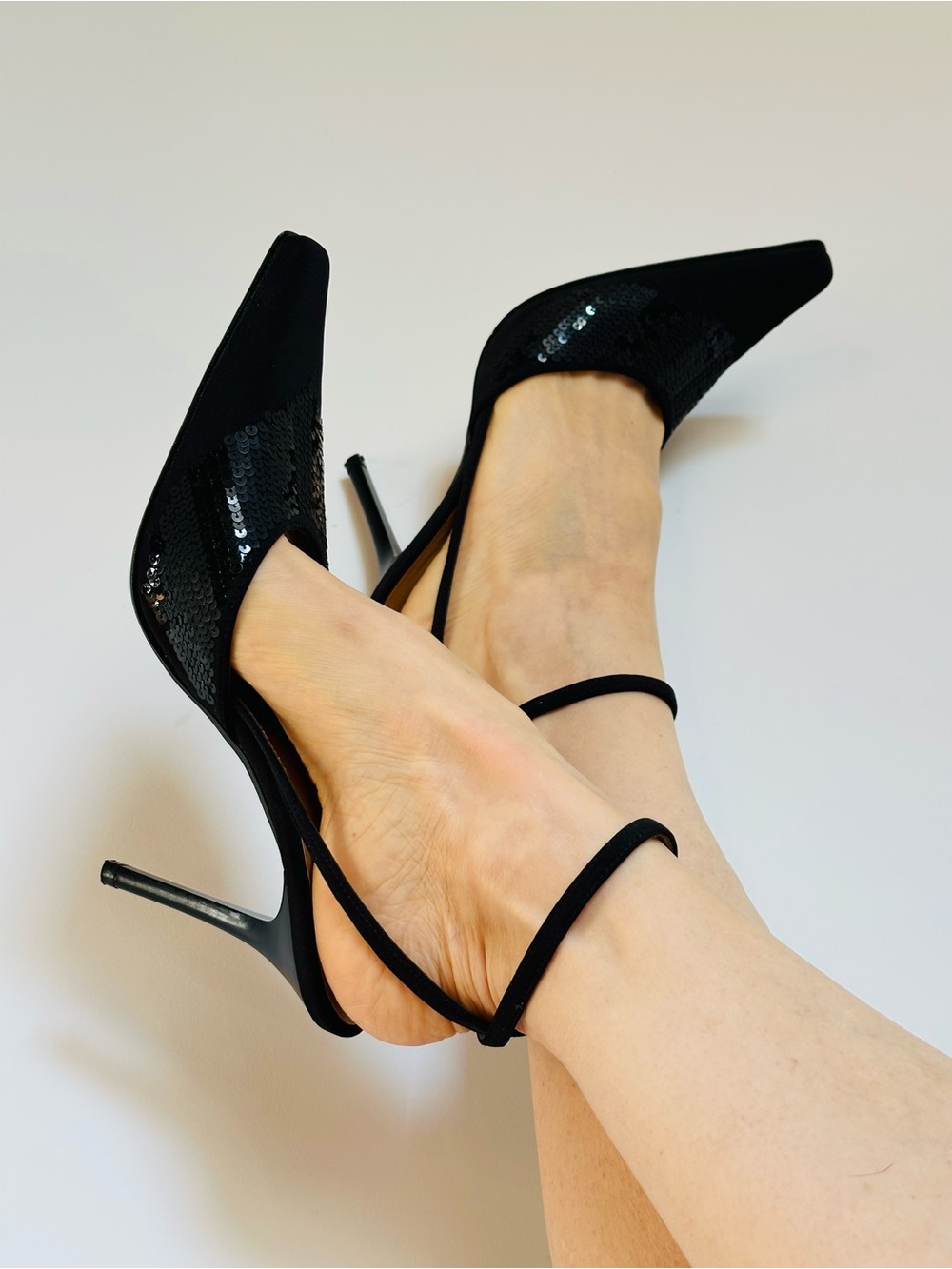 Y2K Black Sequin Slingback Heels Square Toe Stiletto Evening Pumps